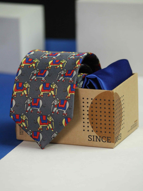 Printed Grey Elephant Tie & Hanky Set - TOSSIDO