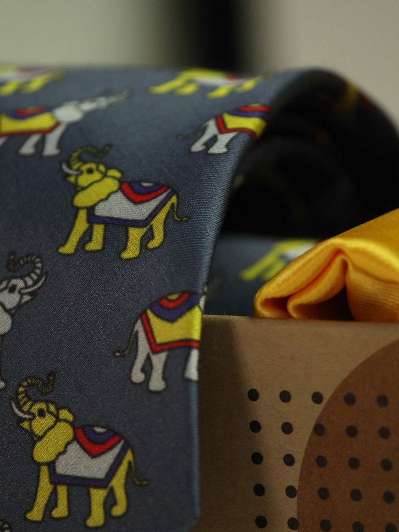 Printed Grey Elephant Tie & Hanky Set - TOSSIDO