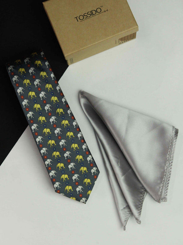 Printed Grey Elephant Tie & Hanky Set - TOSSIDO