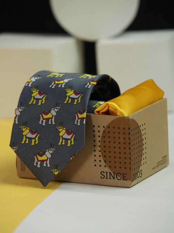 Printed Grey Elephant Tie & Hanky Set - TOSSIDO