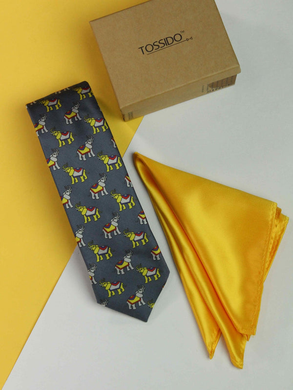 Printed Grey Elephant Tie & Hanky Set - TOSSIDO
