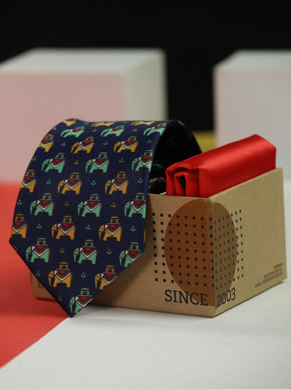Printed Navy Blue Elephant Tie & Hanky Set - TOSSIDO