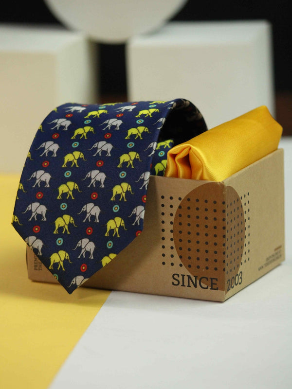Printed Navy Blue Elephant Tie & Hanky Set - TOSSIDO