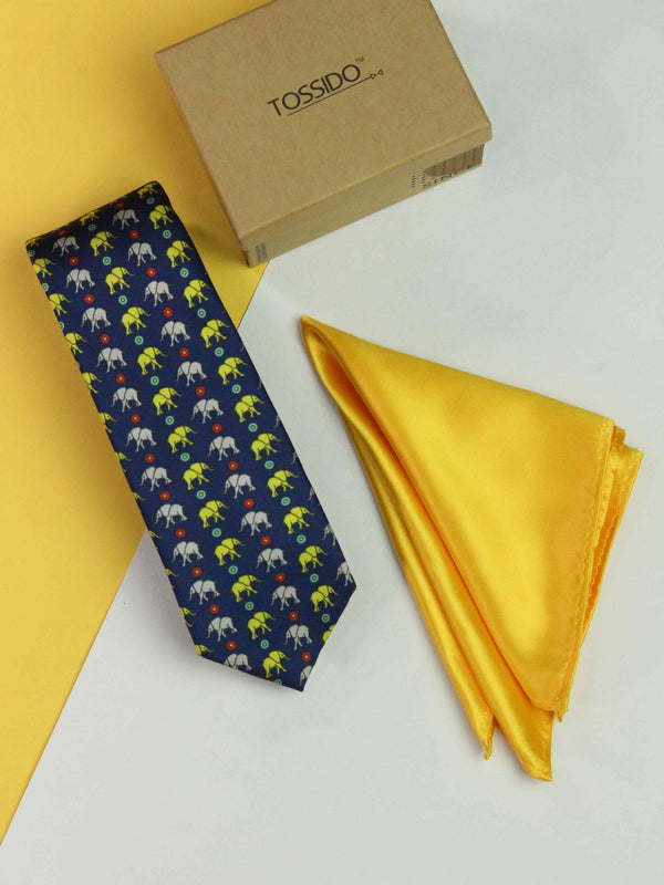 Printed Navy Blue Elephant Tie & Hanky Set - TOSSIDO