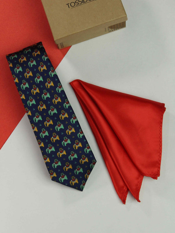 Printed Navy Blue Elephant Tie & Hanky Set - TOSSIDO