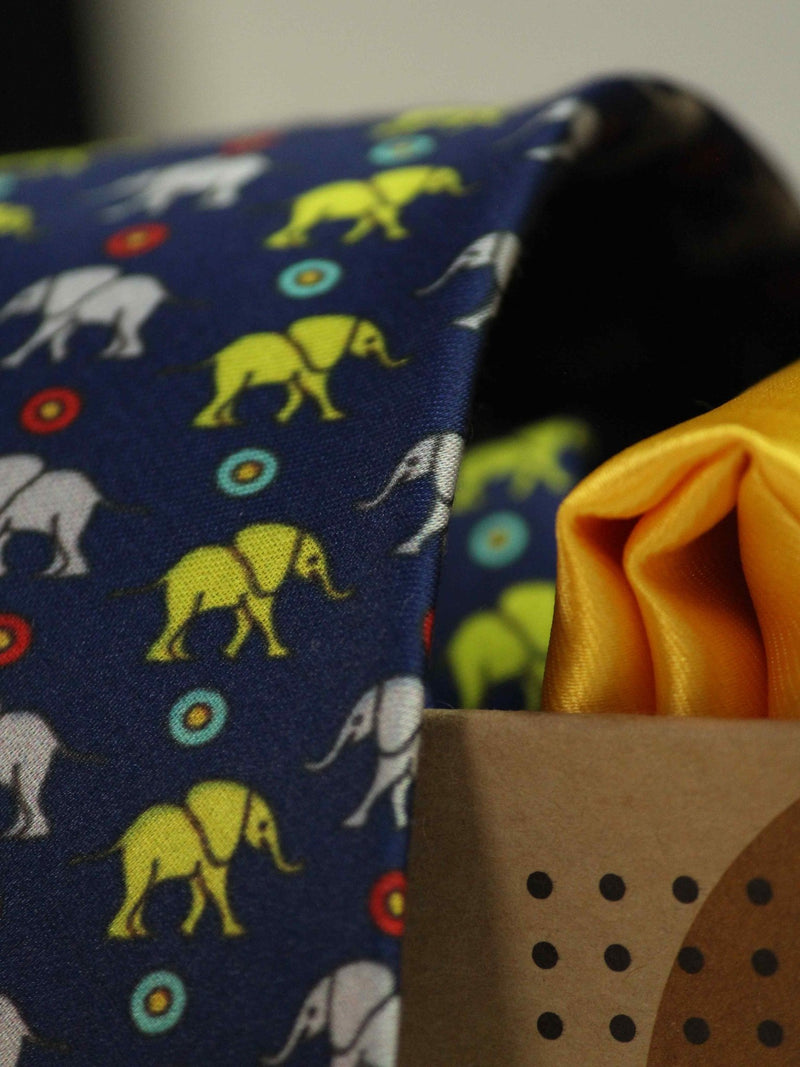 Printed Navy Blue Elephant Tie & Hanky Set - TOSSIDO