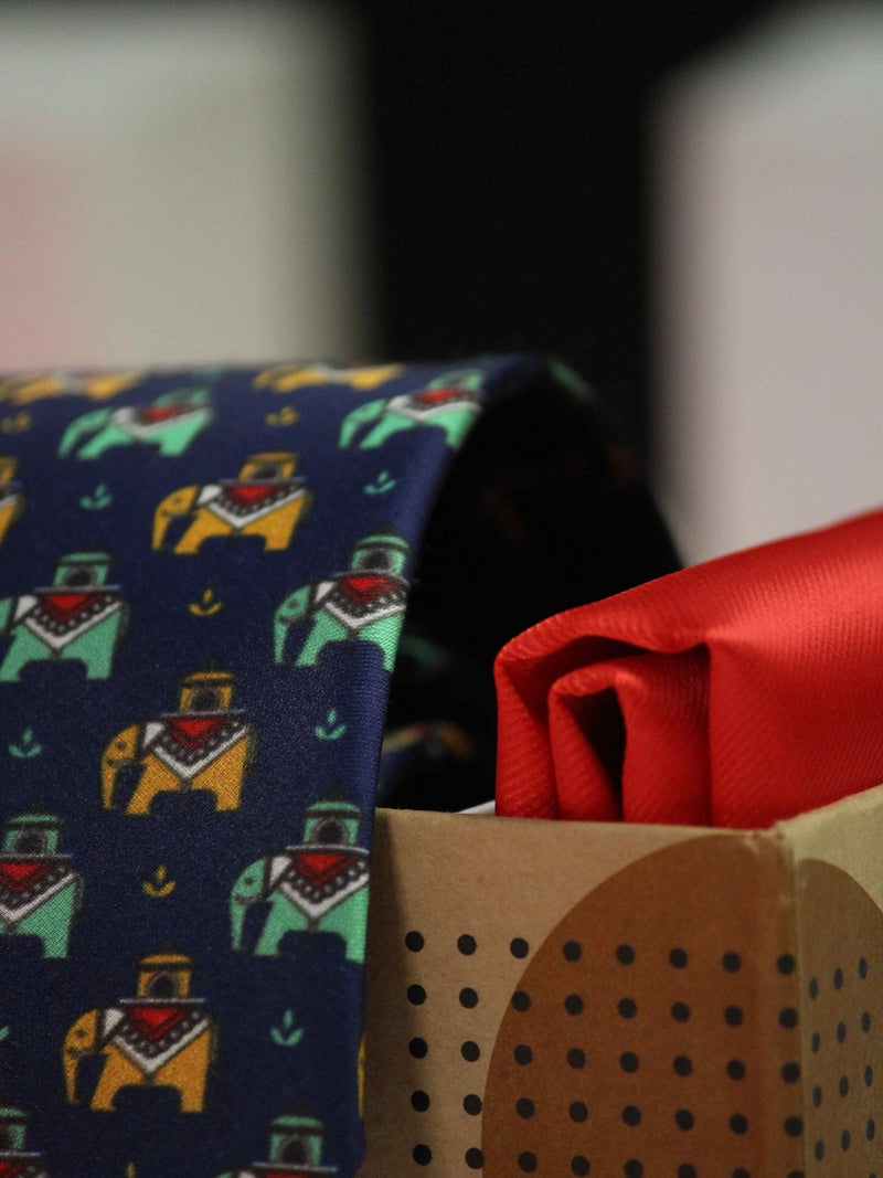 Printed Navy Blue Elephant Tie & Hanky Set - TOSSIDO