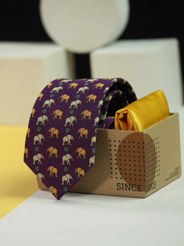 Printed Purple Elephant Tie & Hanky Set - TOSSIDO