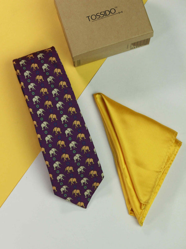 Printed Purple Elephant Tie & Hanky Set - TOSSIDO