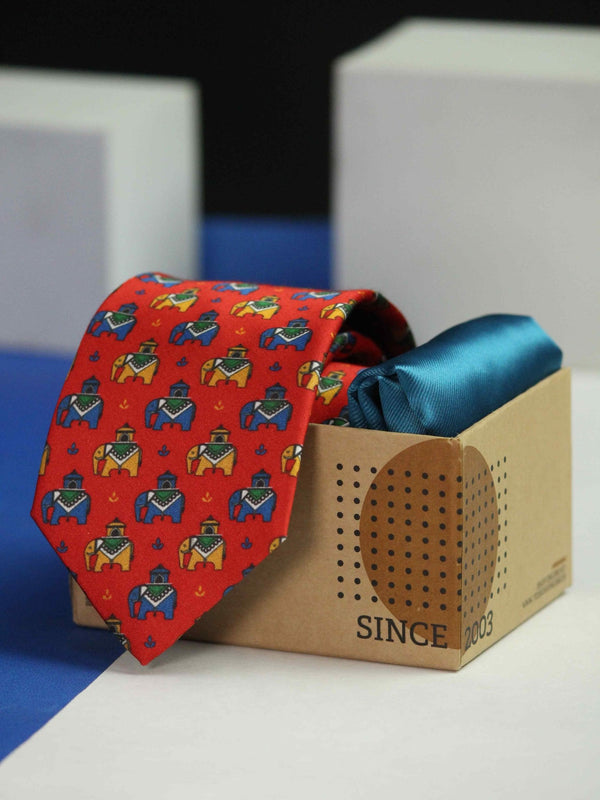 Printed Red Elephant Tie & Hanky Set - TOSSIDO