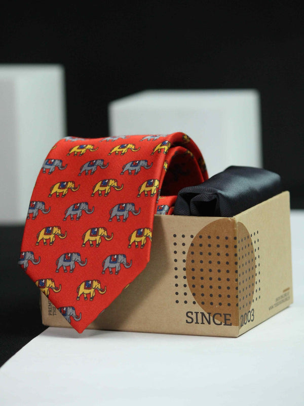 Printed Red Elephant Tie & Hanky Set - TOSSIDO