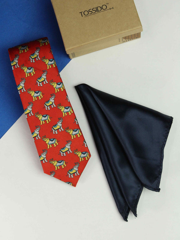 Printed Red Elephant Tie & Hanky Set - TOSSIDO