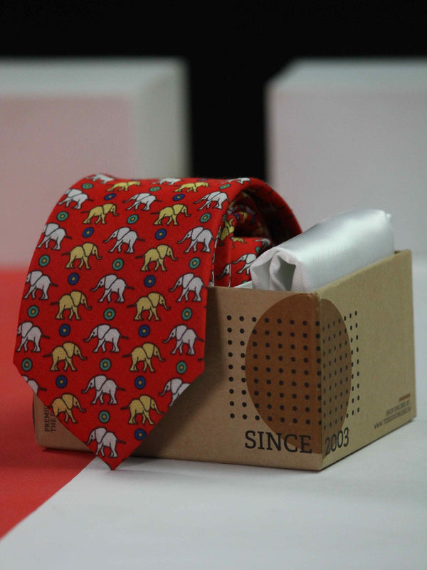 Printed Red Elephant Tie & Hanky Set - TOSSIDO