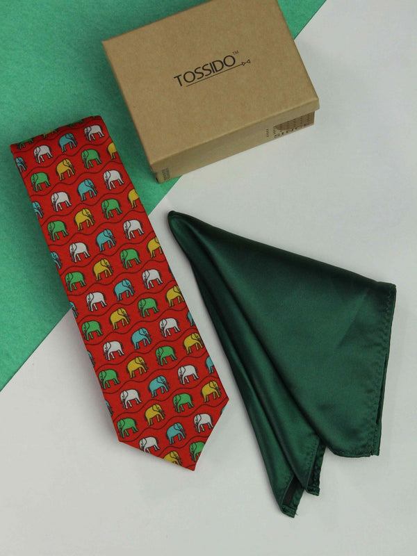 Printed Red Elephant Tie & Hanky Set - TOSSIDO