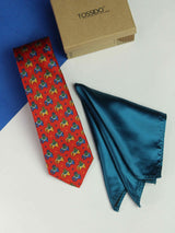 Printed Red Elephant Tie & Hanky Set - TOSSIDO