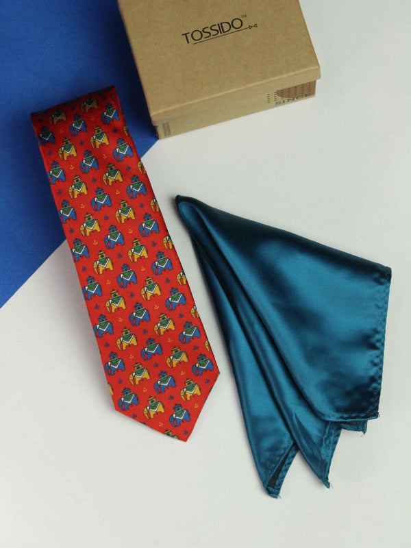 Printed Red Elephant Tie & Hanky Set - TOSSIDO