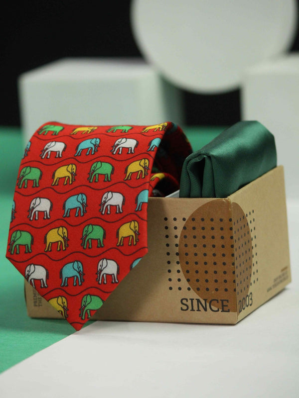 Printed Red Elephant Tie & Hanky Set - TOSSIDO