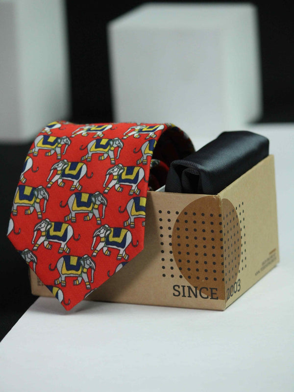 Printed Red Elephant Tie & Hanky Set - TOSSIDO