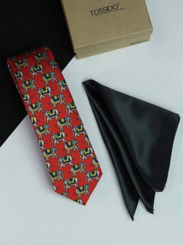 Printed Red Elephant Tie & Hanky Set - TOSSIDO