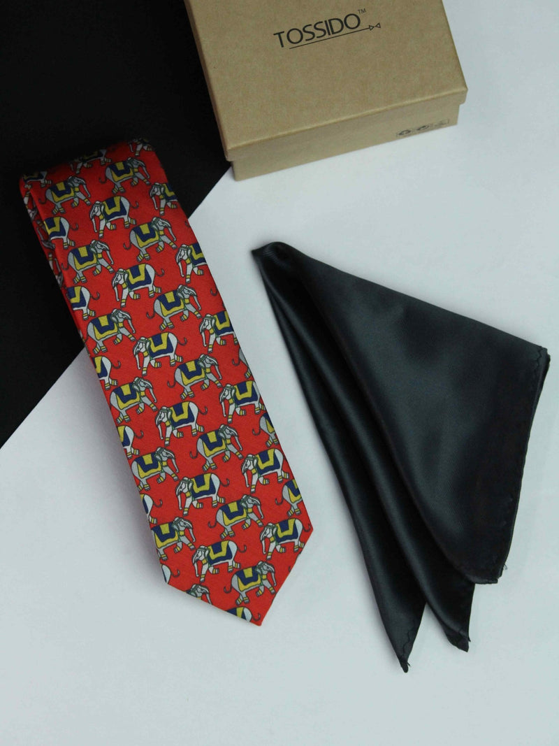 Printed Red Elephant Tie & Hanky Set - TOSSIDO