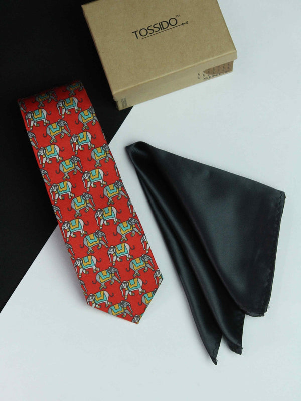 Printed Red Elephant Tie & Hanky Set - TOSSIDO