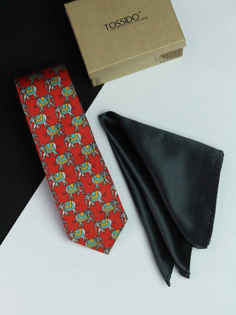 Printed Red Elephant Tie & Hanky Set - TOSSIDO