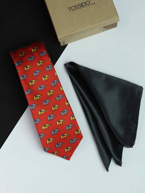 Printed Red Elephant Tie & Hanky Set - TOSSIDO