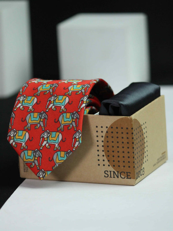 Printed Red Elephant Tie & Hanky Set - TOSSIDO