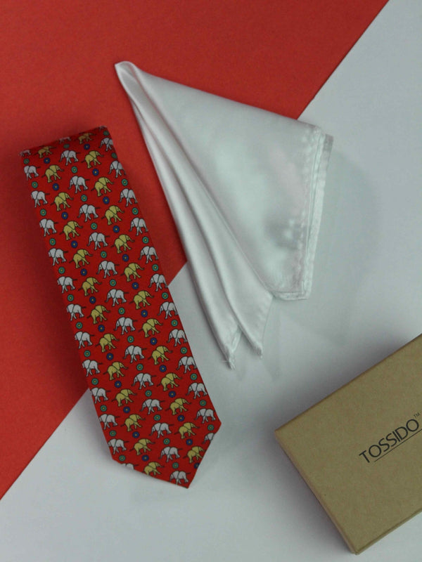 Printed Red Elephant Tie & Hanky Set - TOSSIDO