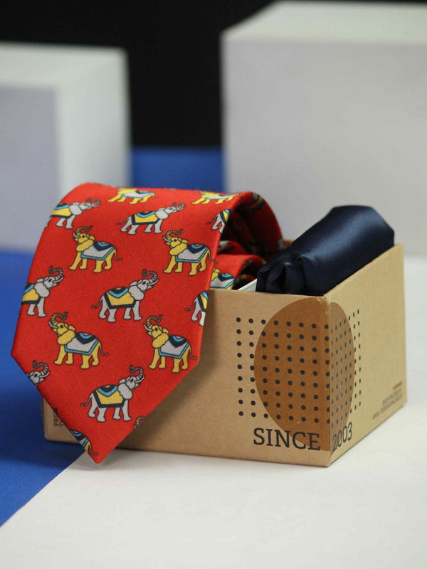 Printed Red Elephant Tie & Hanky Set - TOSSIDO