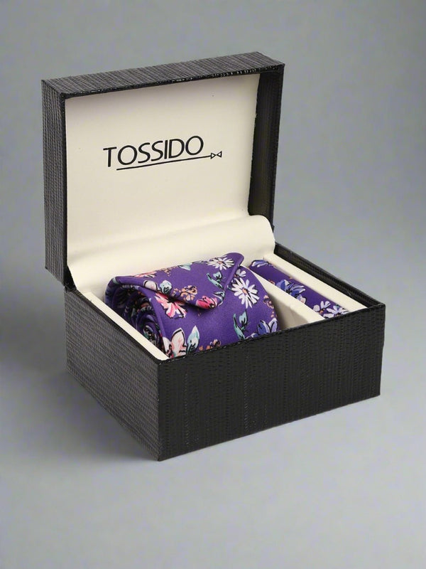 Purple Floral Printed Necktie &amp; Pocket Square Gift Set - TOSSIDO