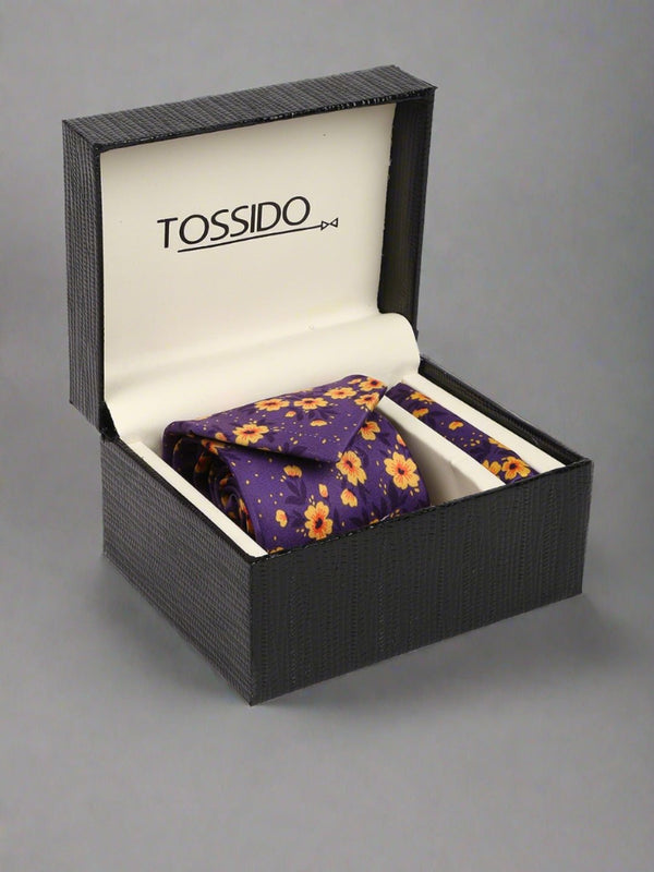 Purple Floral Printed Necktie & Pocket Square Giftset - TOSSIDO