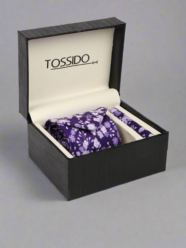 Purple Floral Printed Necktie & Pocket Square Giftset - TOSSIDO