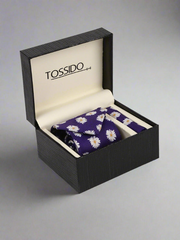 Purple Floral Printed Necktie & Pocket Square Giftset - TOSSIDO