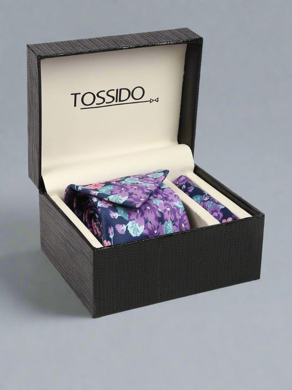Purple Floral Printed Necktie & Pocket Square Giftset - TOSSIDO