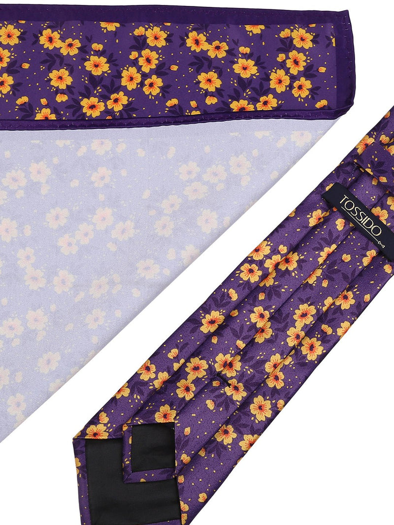 Purple Floral Printed Necktie & Pocket Square Giftset - TOSSIDO