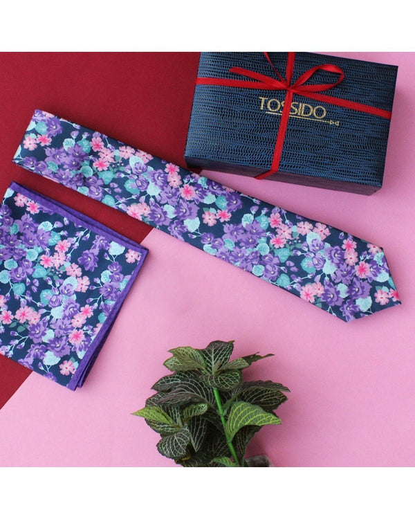 Purple Floral Printed Necktie & Pocket Square Giftset - TOSSIDO