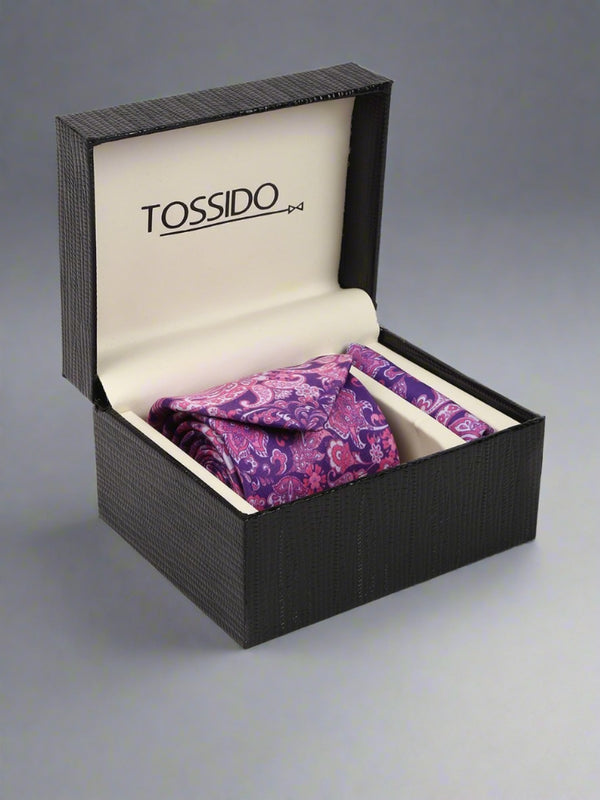 Purple Paisley Printed Necktie & Pocket Square Giftset