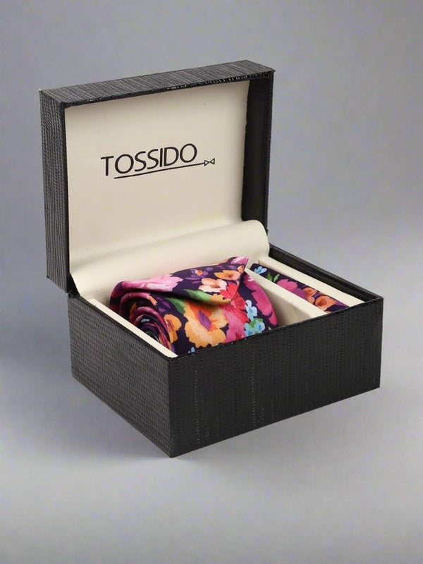 Purple Printed Floral Necktie & Pocket Square Giftset - TOSSIDO