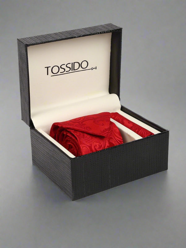 Red Paisley Woven Necktie & Pocket Square Giftset