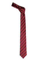 Red stripe necktie in woven microfiber, tied view