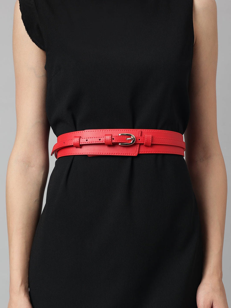 Red Women's Vegan Leather Belt and Gold Buckle - TOSSIDO
