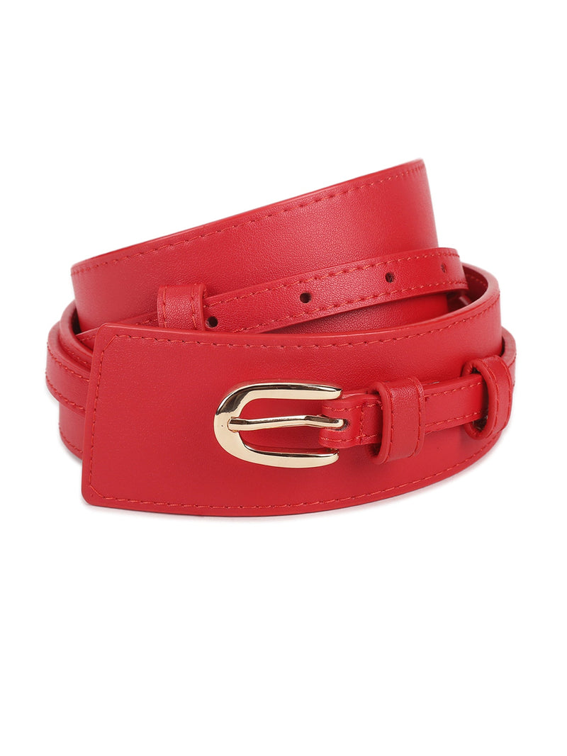Red Women's Vegan Leather Belt and Gold Buckle - TOSSIDO