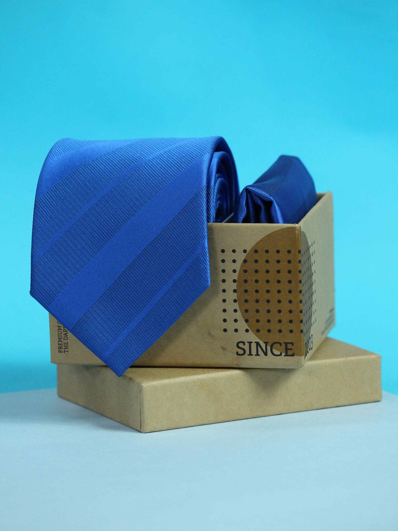 Royal Blue Striped Necktie & Pocket Square Giftset - TOSSIDO