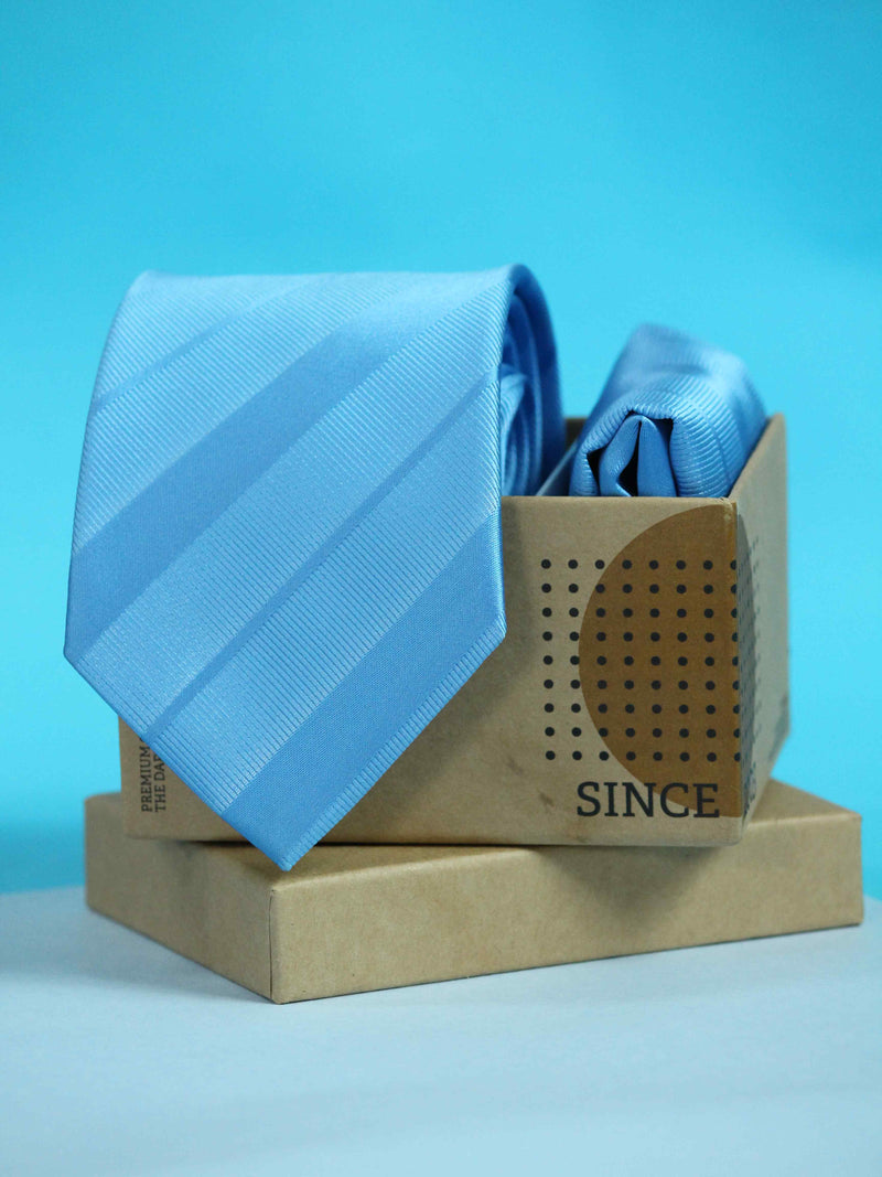Sky Blue Striped Necktie & Pocket Square Giftset