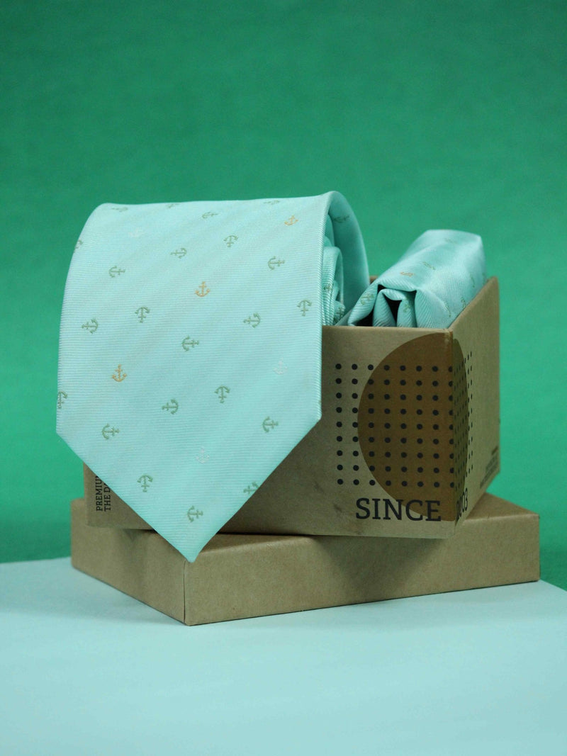 Turquoise Anchor Necktie & Pocket Square Giftset - TOSSIDO