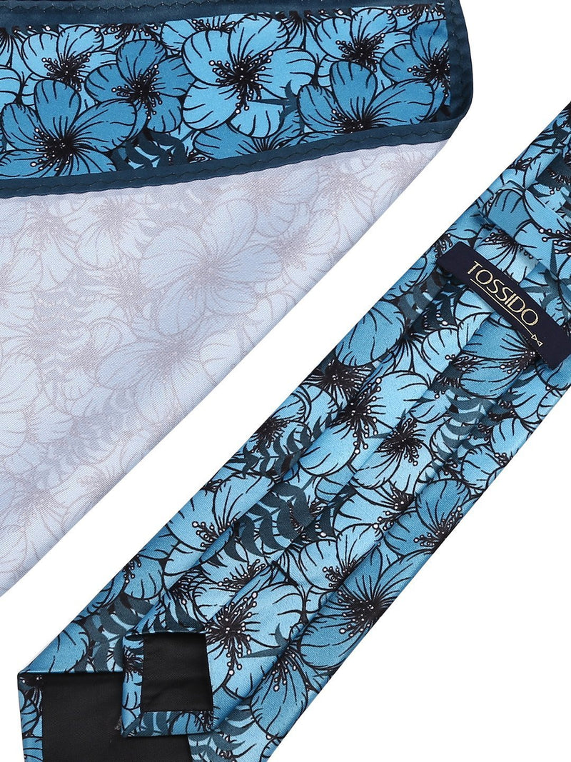 Turquoise Blue Floral Printed Necktie & Pocket Square Giftset - TOSSIDO