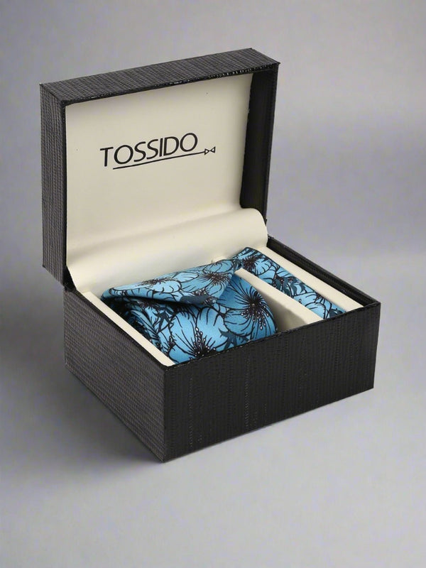 Turquoise Blue Floral Printed Necktie & Pocket Square Giftset - TOSSIDO