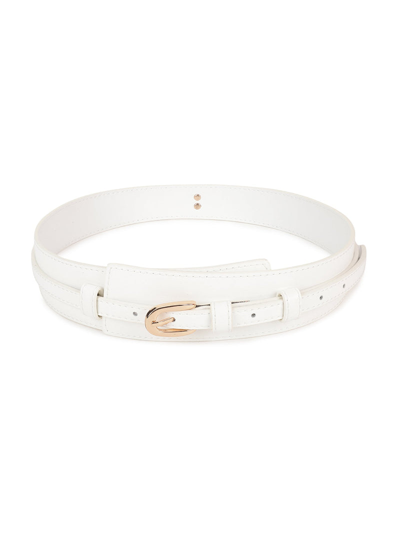 White Women's Vegan Leather Belt and Gold Buckle - TOSSIDO