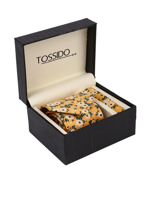 Yellow Floral Necktie & pocket square giftset - TOSSIDO
